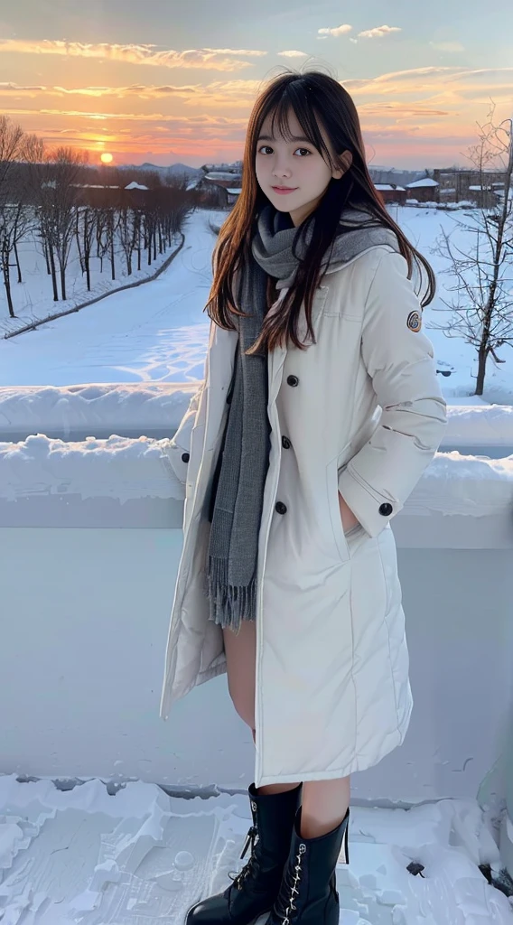 (One slender girl、Has long hair with dull bangs in winter uniform with white winter coat and gray scarf:1.5)、(A girl stands looking straight ahead with a lonely expression、the hair flutters with the wind:1.3)、(Beautiful snowy sunset red sky:1.5)、(Perfect Anatomy:1.3)、(No mask:1.3)、(complete fingers:1.Phototriaritic、(take a photo of the subject'full bodyesbian:1.5)、masutepiece、top-quality、High resolution, delicate and pretty、face perfect、Delicate and beautiful air skin around the eyes、Real Human Skin、pores、((thin legs))、(Dark hair)、(Ankle Boots)