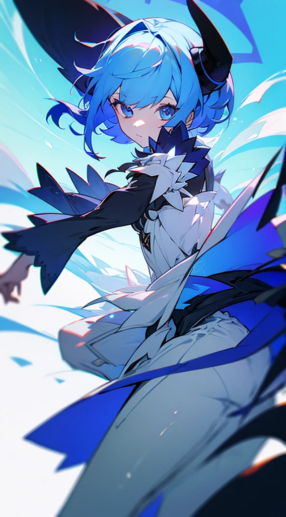 detached sleeves, horns, blue hair, dress