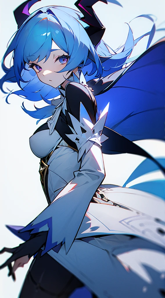 detached sleeves, horns, blue hair, dress