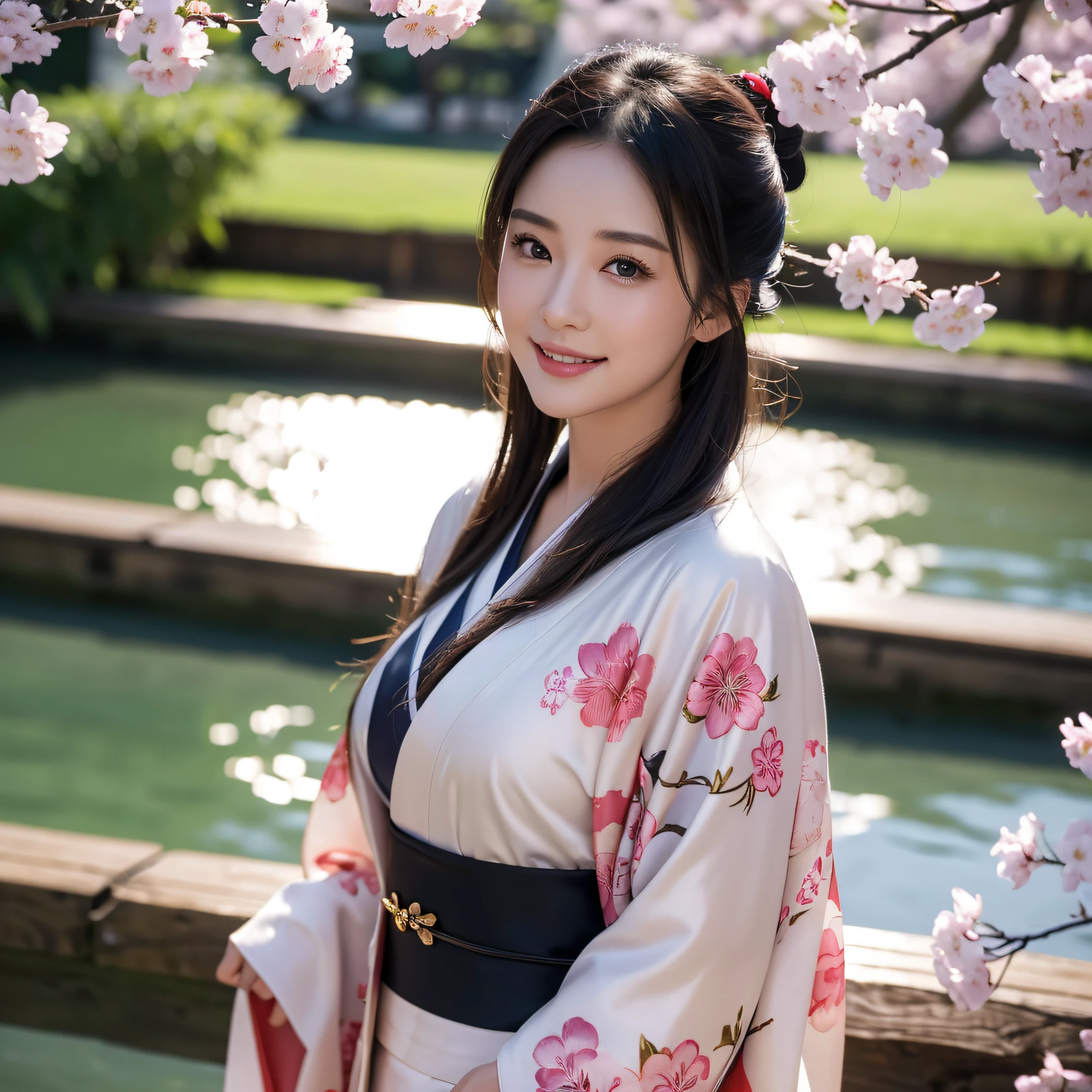 (Super beautiful woman in kimono)、((best qualtiy、8k masterpieces:1.3))、foco nítido:1.2、(ultra beautiful faces:1.0)、(shinny skin:1.0)、photos realistic、A dark-haired、Video Lighting、High-definition eyes and face、Video Lighting、Japanese actressl、from the front side、medium breasts、With a happy smile、Slender Abs Beauty、Whole body、wearing kimonos、cherry blossom in full bloom、luxury obi