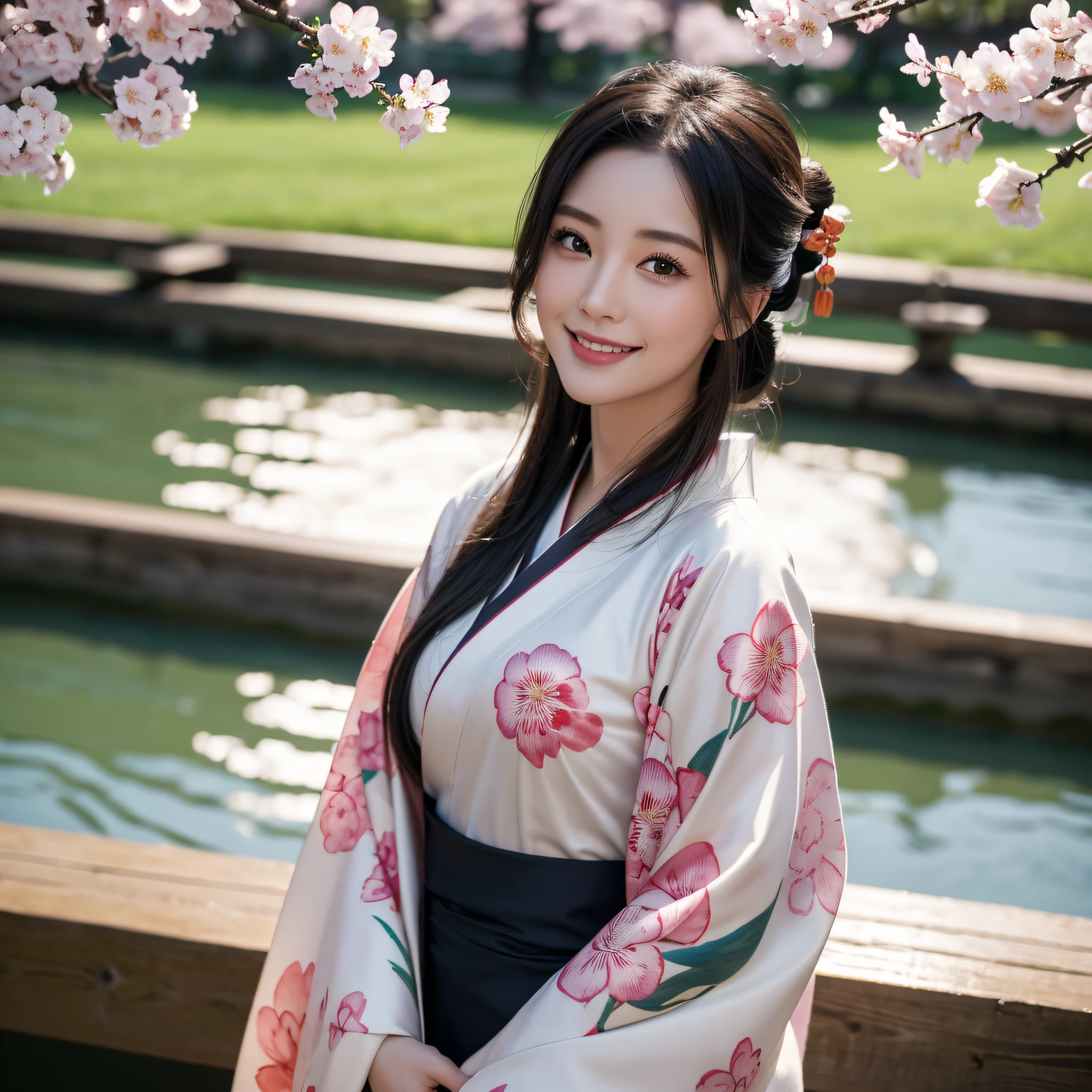 (Super beautiful woman in kimono)、((best qualtiy、8k masterpieces:1.3))、foco nítido:1.2、(ultra beautiful faces:1.0)、(shinny skin:1.0)、photos realistic、A dark-haired、Video Lighting、High-definition eyes and face、Video Lighting、Japanese actressl、from the front side、medium breasts、With a happy smile、Slender Abs Beauty、Whole body、wearing kimonos、cherry blossom in full bloom、luxury obi