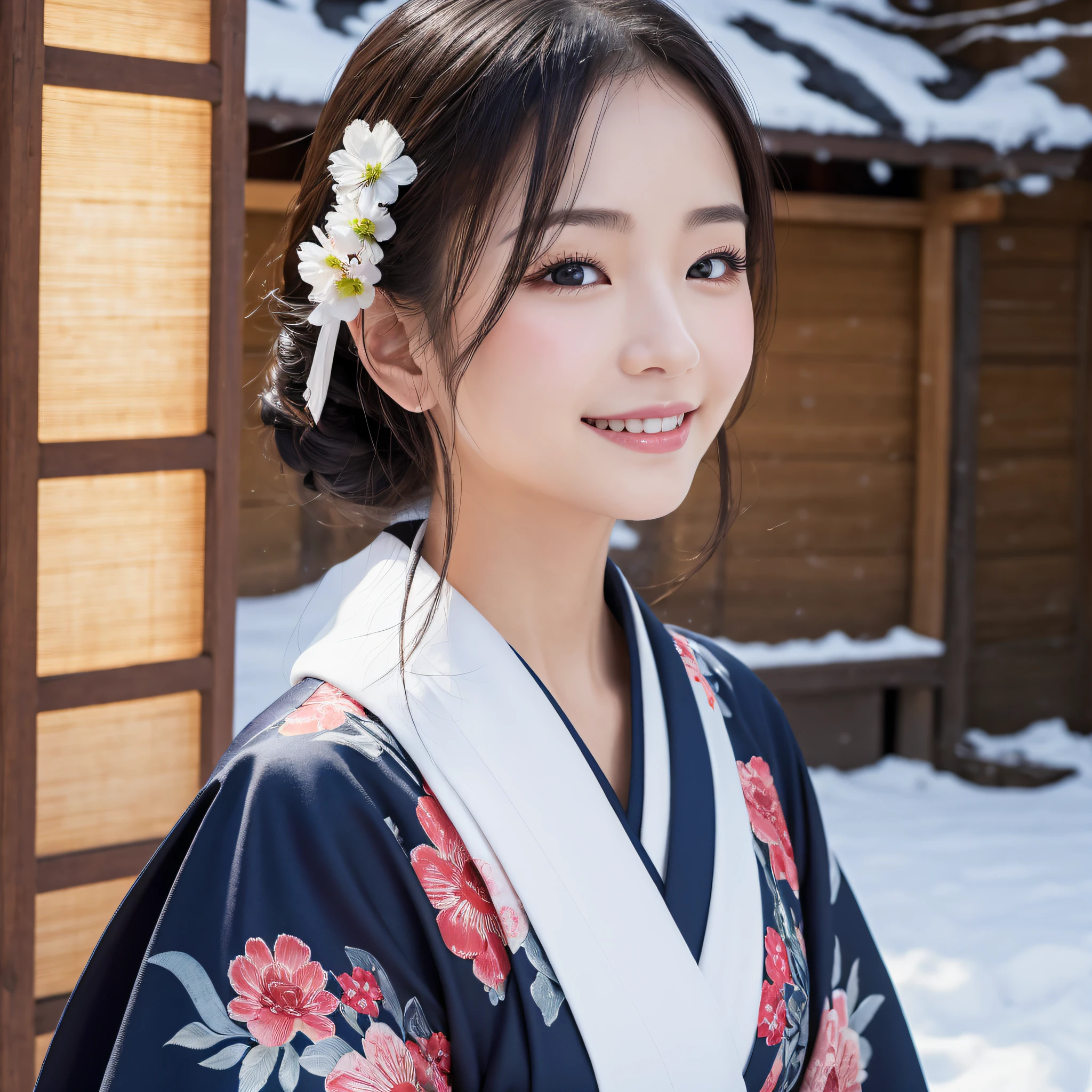(Super beautiful woman in kimono)、((best qualtiy、8k masterpieces:1.3))、foco nítido:1.2、(ultra beautiful faces:1.0)、(shinny skin:1.0)、photos realistic、A dark-haired、Video Lighting、High-definition eyes and face、Video Lighting、Japanese actressl、from the front side、medium breasts、With a happy smile、Slender Abs Beauty、Whole body、wearing kimonos、In a snowy landscape in the middle of winter、highest grade obi