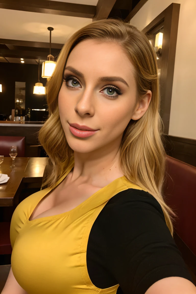 ((mulher loira) Close view, Selfie Shot,  blonde hair, Amouranth,  mais conhecido como Amouranth, jovem Amouranth bonito, em restaurante de montanha