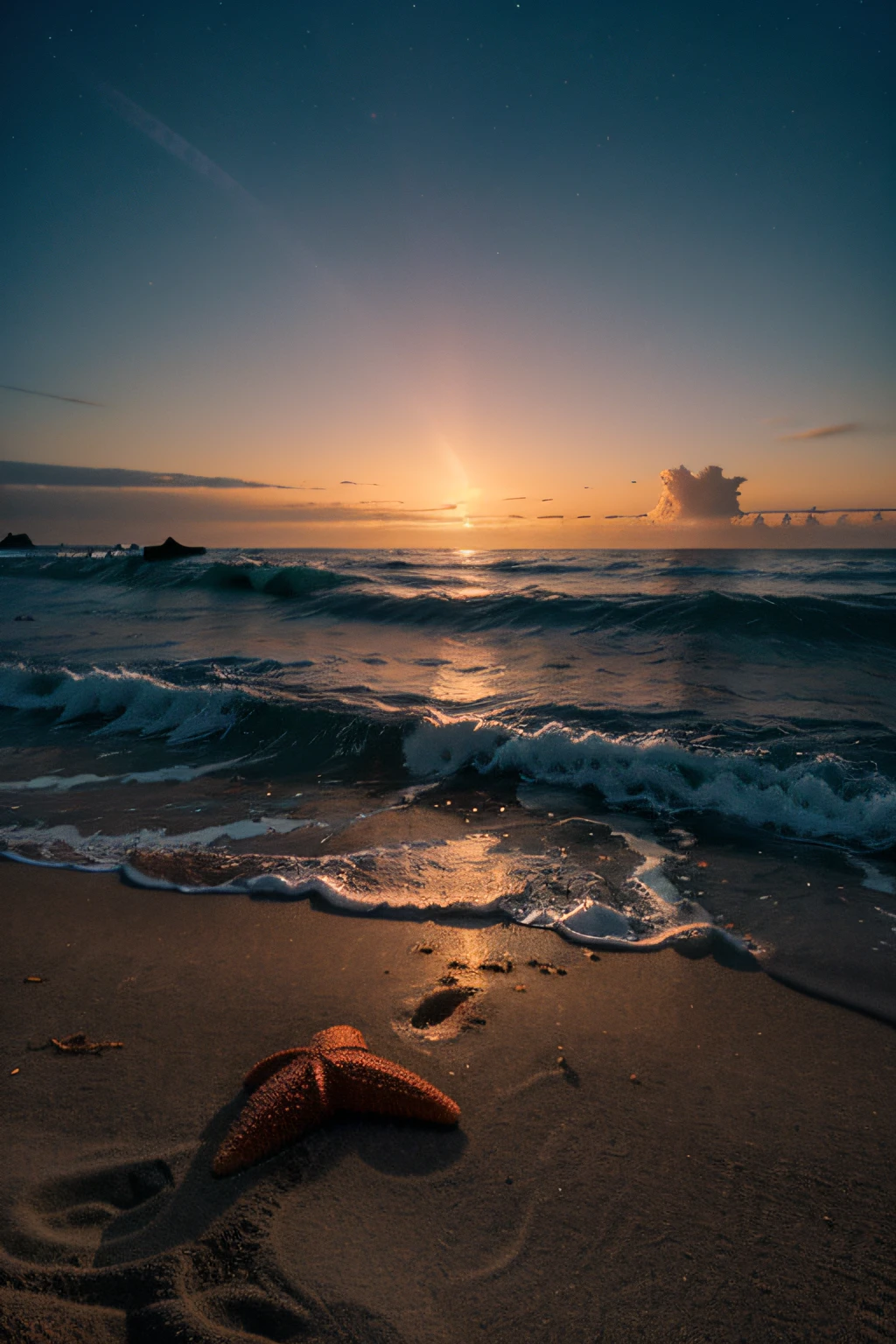 Illustrate a captivating scene of a beach at night, onde estrelas do mar bioluminescentes iluminam as praias arenosas e as ondas carregam um brilho hipnotizante. Capture a tranquilidade e a magia desta paisagem noturna de praia sobrenatural.