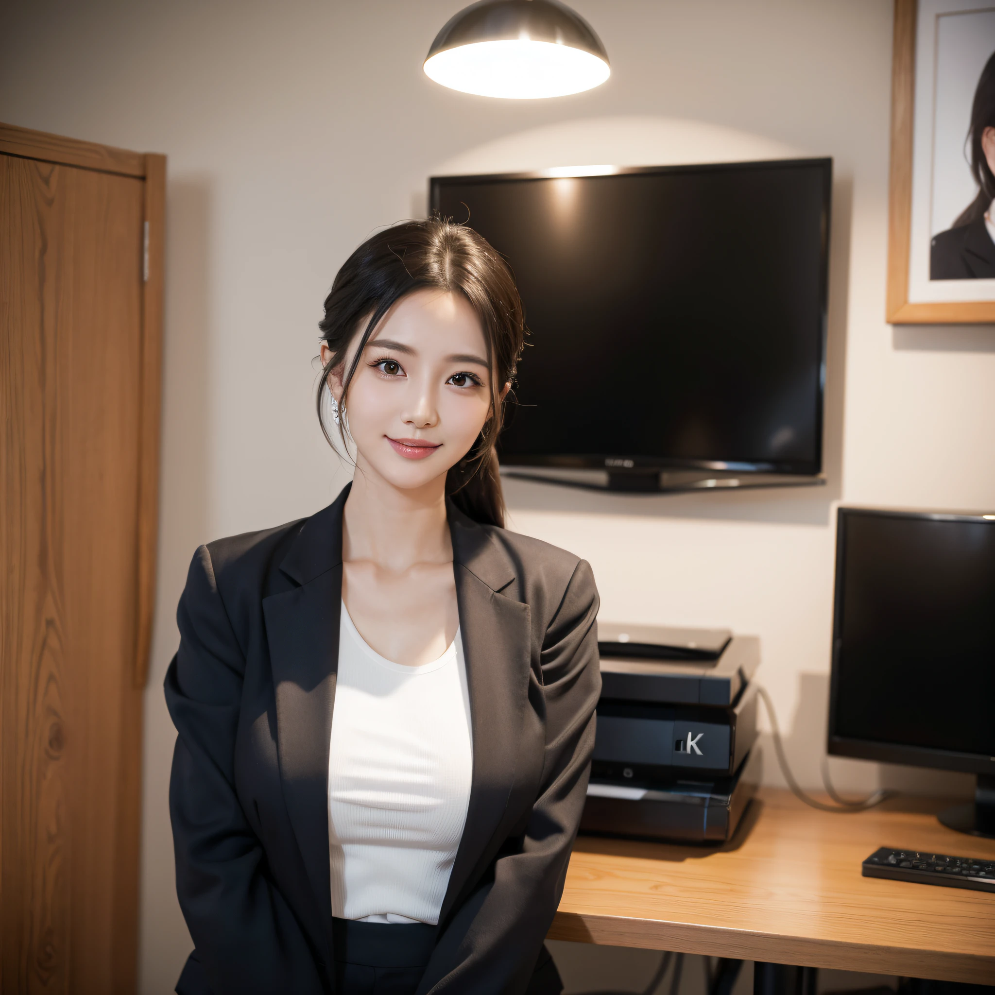 One super beautiful woman、((best qualtiy、8k masterpieces:1.3))、foco nítido:1.2、(ultra beautiful faces:1.0)、(shinny skin:1.0)、photos realistic、A dark-haired、Video Lighting、High-definition eyes and face、The front side of the huge breasts of Japanese idol actresses、Smile、Slender Abs Beauty、Whole body、wears a suit、wearing a shirts、In the office
