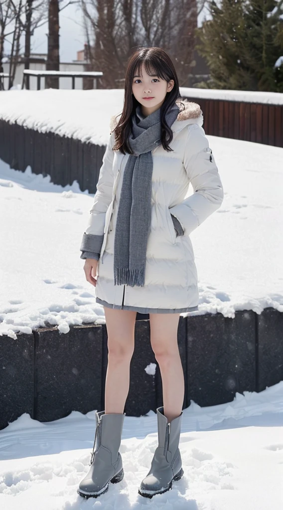 (One slender girl、Has long hair with dull bangs in winter uniform with white winter coat and gray scarf:1.5)、(A girl standing looking straight ahead with a lonely expression、the hair flutters with the wind:1.3)、(A clear sky covered with beautiful snow:1.5)、(Perfect ???????:1.3)、(No mask:1.3)、(complete fingers:1.Phototriaritic、(take a photo of the subject'full body Esbian:1.5)、masutepiece、top-quality、High resolution, delicate and pretty、face perfect、Delicate and beautiful air skin around the eyes、Real Human Skin、pores、((thin legs))、(Dark hair)、((Ankle Boots))