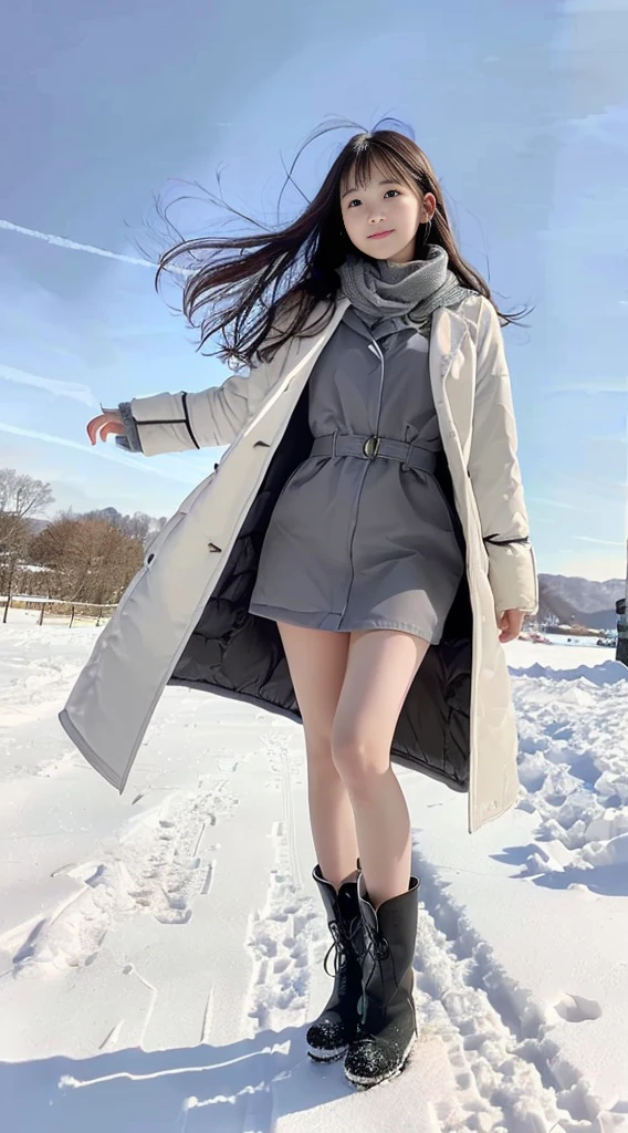 (One slender girl、Has long hair with dull bangs in winter uniform with white winter coat and gray scarf:1.5)、(A girl standing looking straight ahead with a lonely expression、the hair flutters with the wind:1.3)、(A clear sky covered with beautiful snow:1.5)、(Perfect Anatomy:1.3)、(No mask:1.3)、(complete fingers:1.Phototriaritic、(take a photo of the subject&#39;full body Esbian:1.5)、masutepiece、top-quality、High resolution, delicate and pretty、face perfect、Delicate and beautiful air skin around the eyes、Real Human Skin、pores、((thin legs))、(Dark hair)、((Ankle Boots))