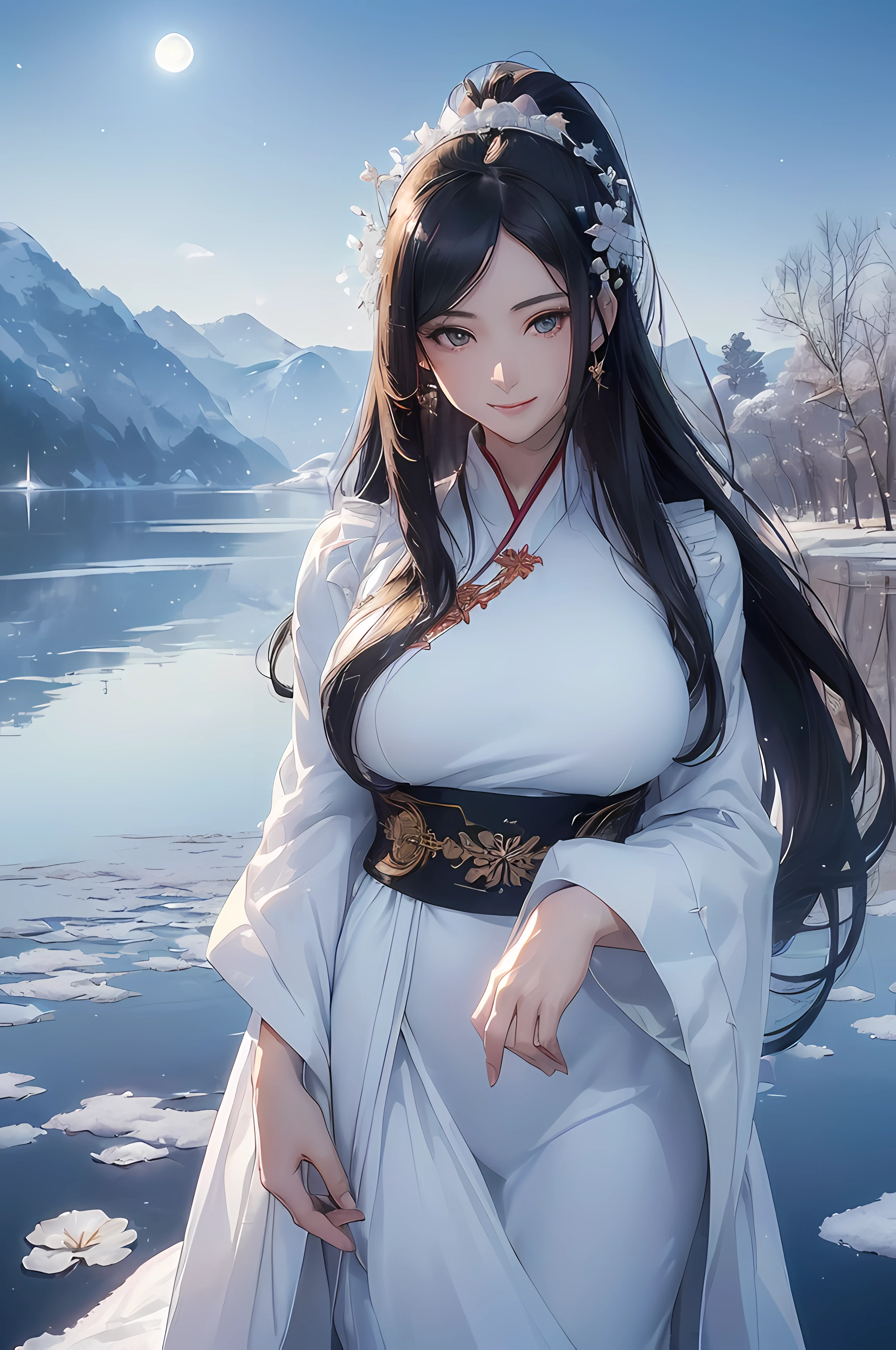 A beautiful woman, legendary, ((((realistic oil art, 46-year-old Empress, vibrant look, (( white hanfu, white details, pure white, white dress, white color clothes, wuxia, standing beside the lake and gazing at faraway place, modest)), top of the mountain, 1girl, masterpiece, extremely detailed, (beautiful detailed glow), lens flare, red flare lens, moon flare, clouds, backlighting, (blue sky)
, light from behind, shadow on the figure, sparkling snow ,smile, laughter, standing in the distance, looking at the viewer, full-length
, elegance under the moon, hair ornament, movement motion, image look alive, perfect body figure, very big breast, very big ass, beautiful face, milf, royal, black color hair, silky hair, shining hair, shine eyes, golden eyes, ponytail long hair style, beautiful skin, Extremely details hair, fine details, cinematic lighting, beautiful lighting effect, creative design, full body frame, divine aura, hard harmony , moon light, perfect color transition, perfect balance of contrast, perfect color layer, perfectly smooth color blur, soft rendering, smooth color stroke, moon glare, optic lens, moonlight ray, soft colors, smooth colors blend, perfect color rendering, harmony, perfect color harmony, beautiful color, soft harmony, light particles, perfect details, intricate details, color prism, fine details, refine details, different view point, extremely details clothes))), Tachibana Omina art style, affectionate eyes, half a smile, slightly open mouth, a gentle expression on his face, serene scenery of  flower under the snow, snow flake floating around, calm, breeze and sunlight, sun, lake, reflection, in the background, butterflies in the sky, realism, ((Best quality))),8k,((Masterpiece)),(Extremely refined and beautiful)