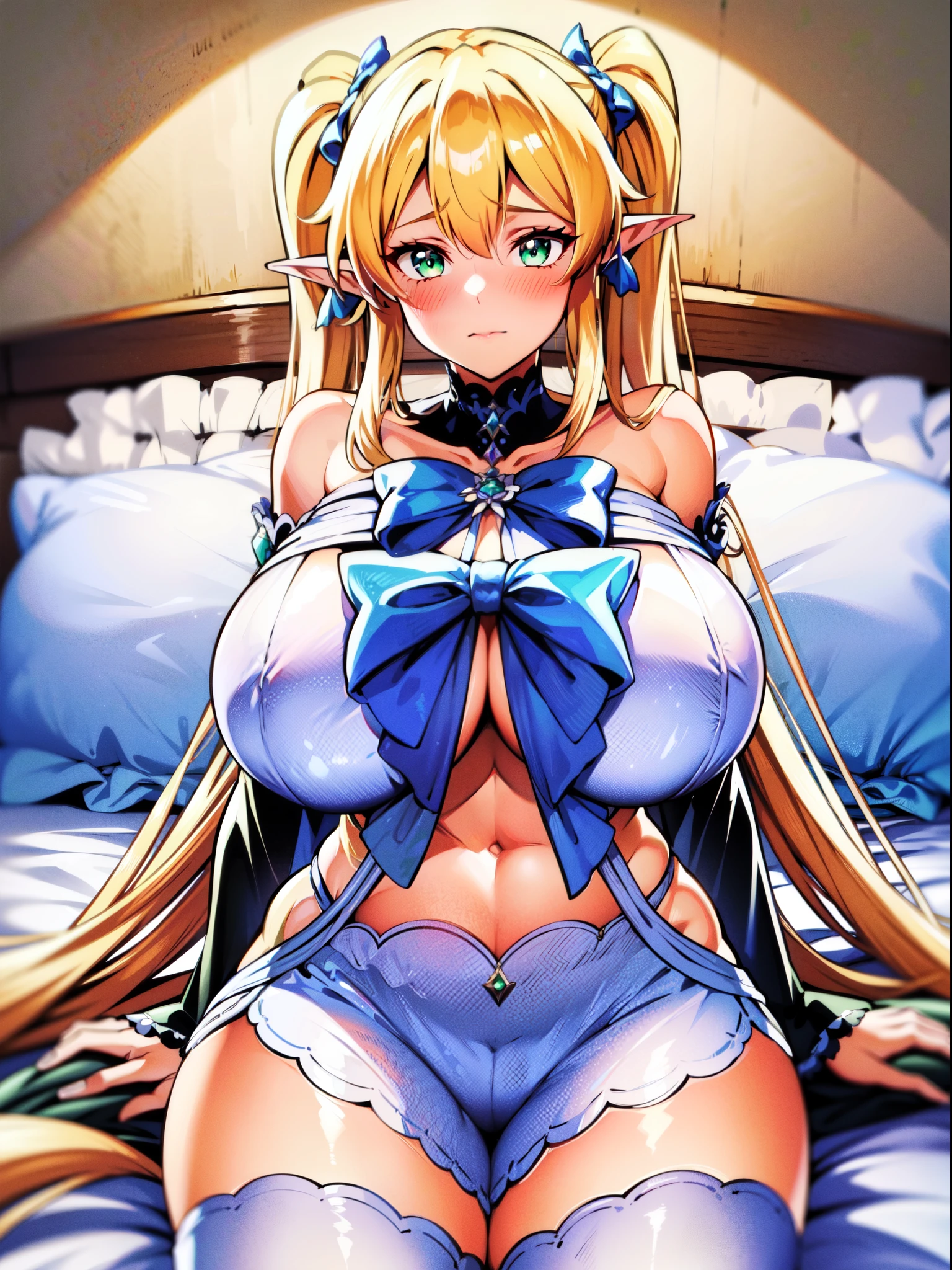 masterpiece, best quality, extremely detailed, 1girl, mature female, solo, leafa, (gigantic breasts:1.5), ((((blonde hair), very long hair, twintails, green eyes, slit pupils, pointy ears))), parted lips, (((outfit-kokomi, white shorts, white thighhighs, detached sleeves, frills, bow, navel))), ((blush, shy), closed mouth), ((lying on a bed, bedroom))