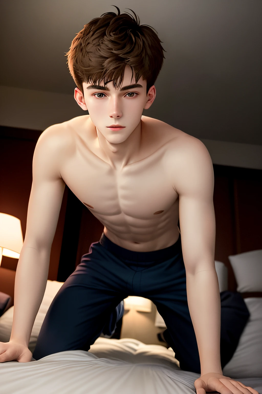 young man, 20 years old, short straight brown hair, short face, medium pale skin, shirtless, slim body, navy boxers, bulge, climbing on bed, hunched, on all fours, looking down on viewer, dark hotel room, no window, low warm light