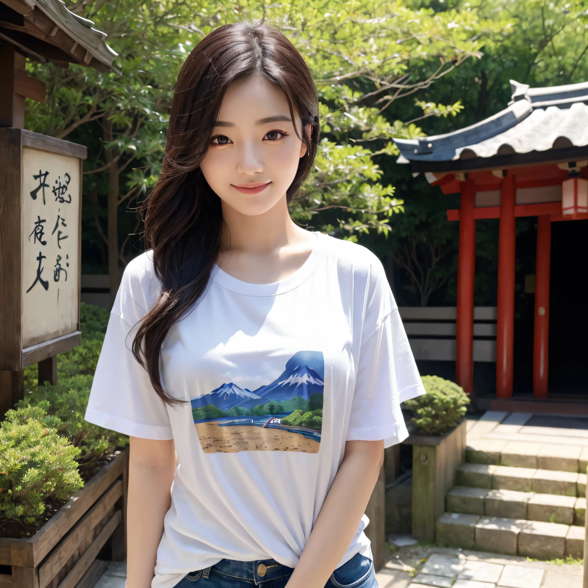 One beauty、((best qualtiy、8k masterpieces:1.3))、foco nítido:1.2、(ultra beautiful faces:1.0)、(shinny skin:1.0)、photos realistic、A dark-haired、Video Lighting、High-definition eyes and face、Video Lighting、Japanese actressl、from the front side、medium breasts、Smile、Slender Abs Beauty、Whole body、Kanji for Japan「tenderness」Wearing a T-shirt、At the shrine