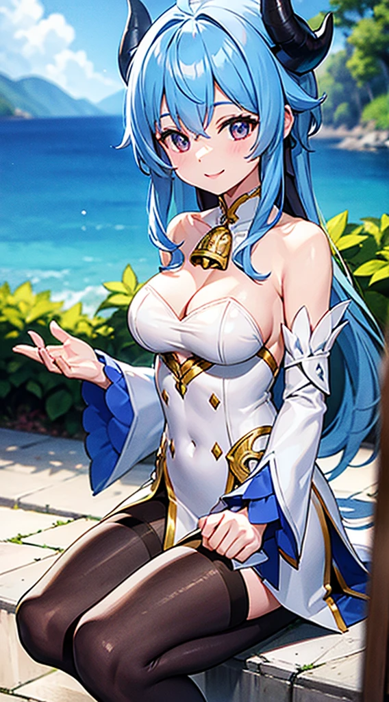 medium breasts, outside, smiling, daylight, horns, blue hair, detached sleeves, bell