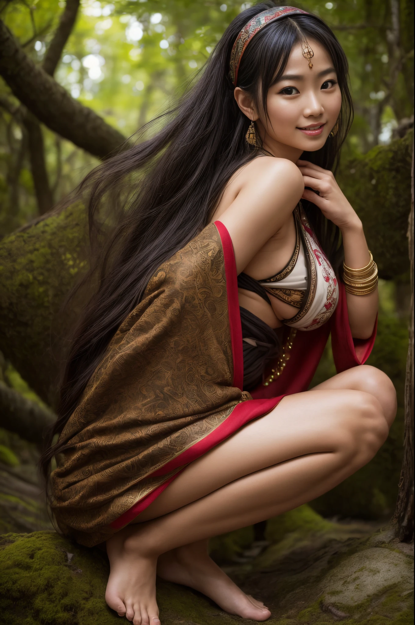 "Create an image of Beastmaster (Karroch) from DOTA game in her Shamanic set, adorned with mystical symbols and feathers, have massive k-cups, performing a ritual in a sacred forest clearing surrounded by totem poles and glowing runes."

