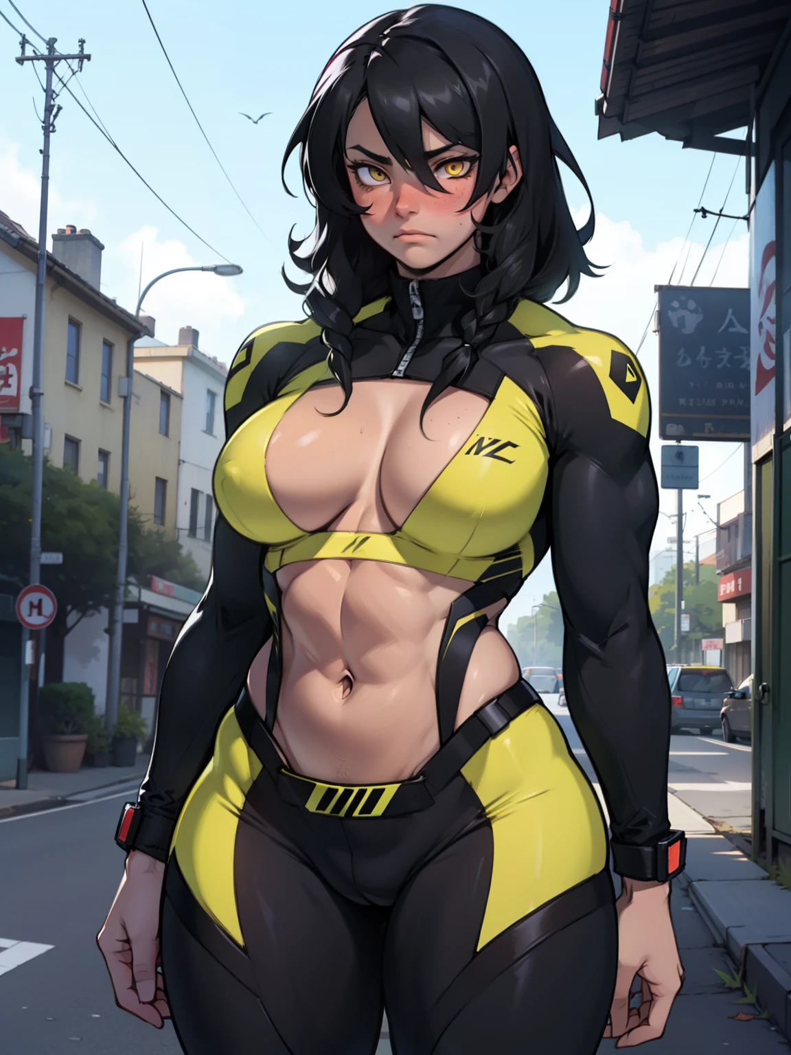 girl muscles large breasts pale skin black hair yellow eyes skintight sad blushing solo