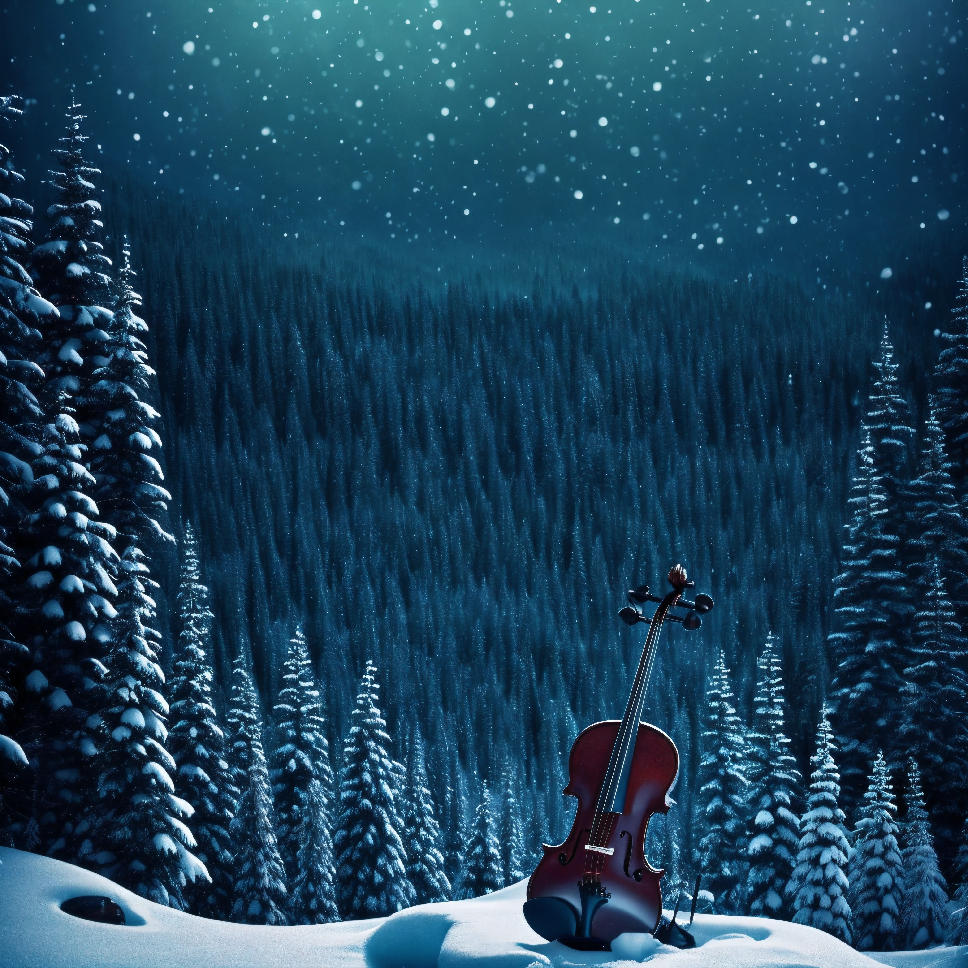 a close up of a violin in the snow with a forest in the background, dark blue background with shadows of forest, fantasy violin, middle down placing, an instrument, standing on top of a violin, masterful composition, violin, artistic fantasy, composition, amazing composition, beautiful composition