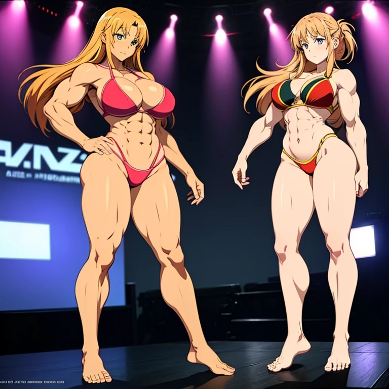 Anime, High quality full body image of Asuna as a bodybuilder in a tight bikini, Tanga, ohne Schuhe, feet, bare feet, massive muscular body, huge muscular shoulders, Massiver Big Bizeps, veins in Bizeps, Muskelbeine, massive muscular abs, bizeps flex. posierend, Sie schwitzt, very muscular, The toned body shines in the spotlight, she is standing on a stage, much muscular