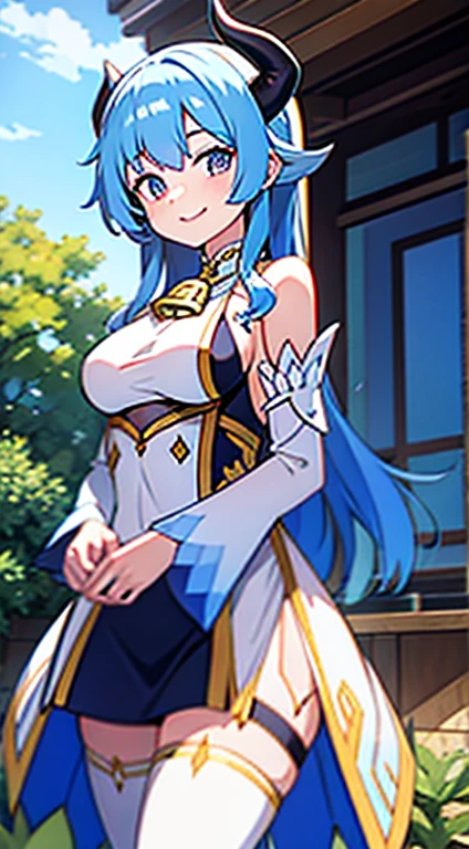 medium breasts, outside, smiling, daylight, horns, blue hair, detached sleeves, bell