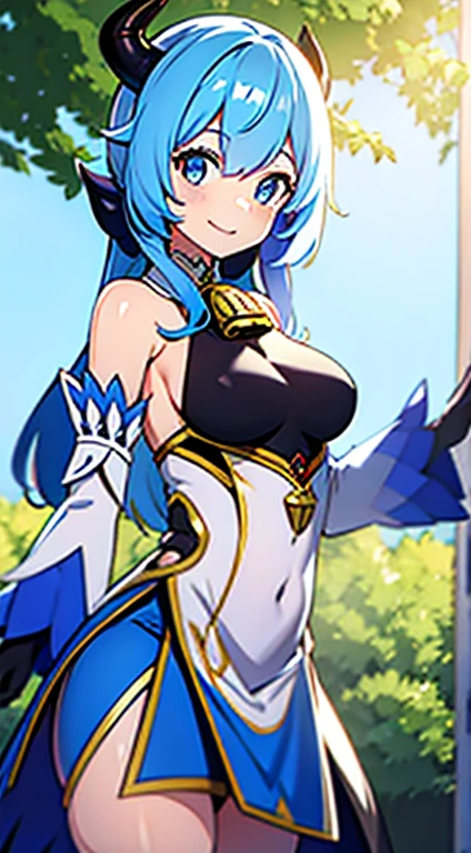medium breasts, outside, smiling, daylight, horns, blue hair, detached sleeves, bell