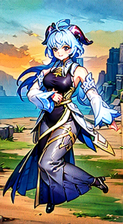 medium breasts, outside, smiling, daylight, horns, blue hair, detached sleeves, bell