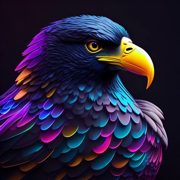 intricate and colorful, (digital painting:1.2) giant eagle, bright neon plumage, flying with wings and talons extended, concept art, octane render, trending on artstation, neon-noir background, iolibt, vfx, Blender and Photoshop, octane render, excellent composition, cinematic atmosphere, dynamic dramatic cinematic lighting, aesthetic, very inspirational, arthouse,(dark plain black background:1.4))