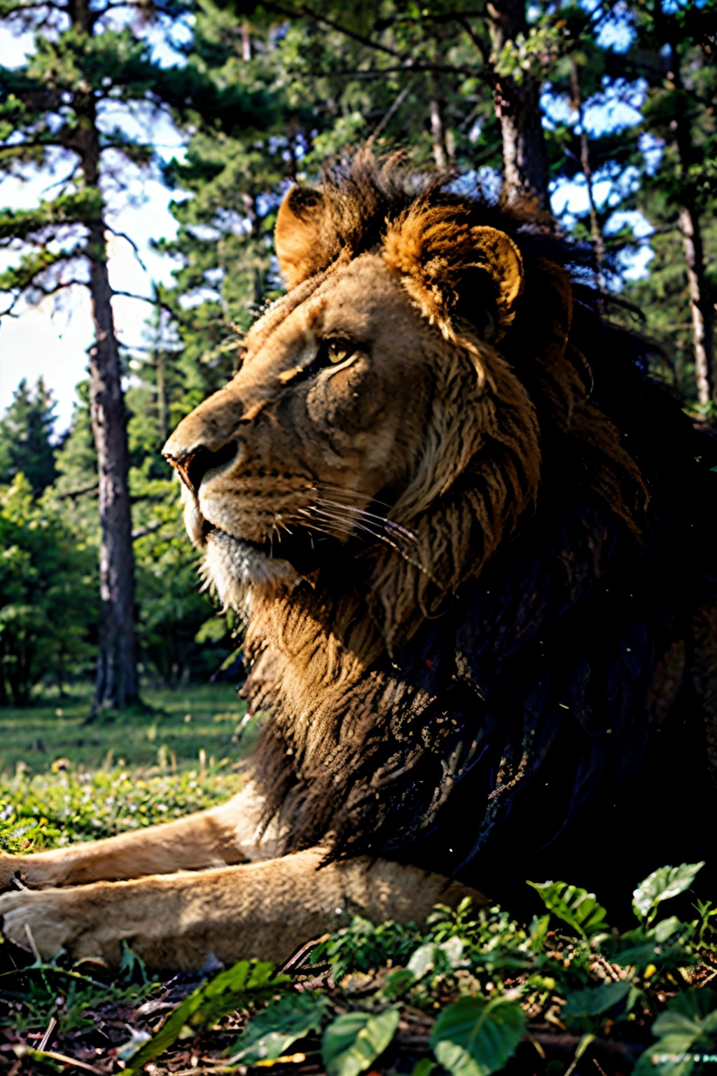 a lion in a forest watching prey