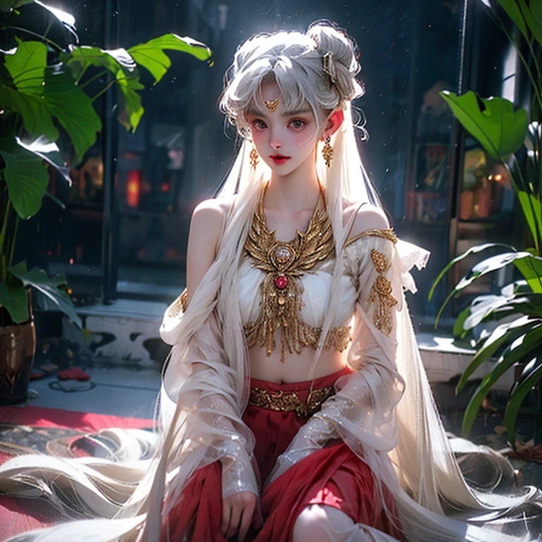 The clothes are soaked，White hair，red eyes，tropical garden，Highest image quality，A beautyful girl，Dressed in black, Gold and red lace sleeveless mini skirt，Raised sexy，Lace，leg loops，the only person，ellegance，Cute chest，prank bangs，Depiction of thighs and above，Natural soft light，face to the viewer，exquisite facial features，Delicate makeup，It's a perfect face，Glowing skin，Eyes as bright as jewels，Long hair with transparent shawl，，cropped shoulders，the sleeve，no underwares，One finger，Place one hand between your legs，