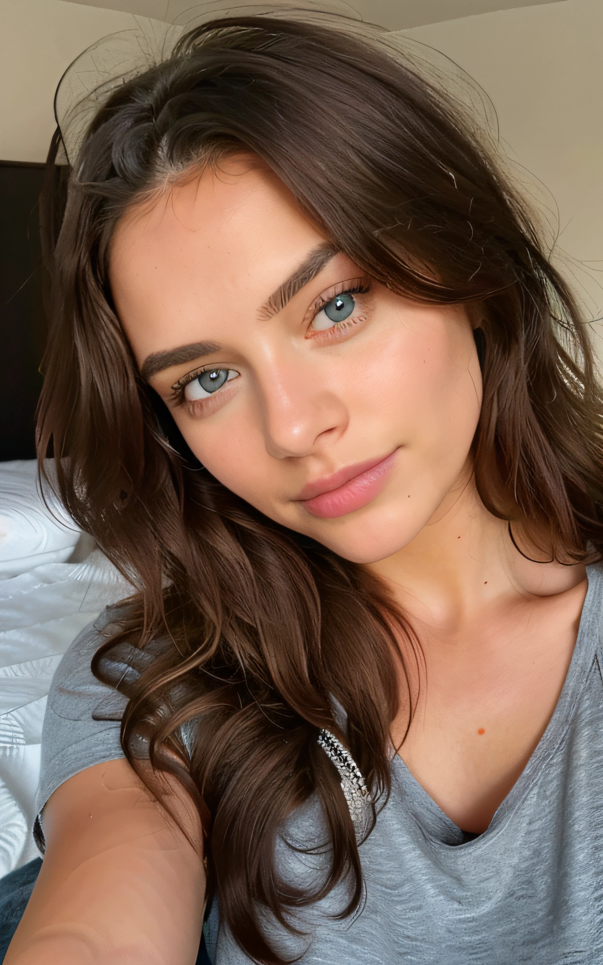 Selfie Beautiful brunette with voluminous hair  wearing a t-shirt (in home), highly detailed, 22 years old, , boobs, innocent face, natural wavy hair, blue eyes, high resolution, Masterpiece, Best quality, Intricate high detail, Highly detailed, Sharp focus, Detailed skin, realistic skin texture, texture, detailed eyes, professional, 4k, charming smile, shot on Canon, 85mm, shallow depth of field, Kodak Vision Color, Perfect Fit Body , extremely detailed, photography_\(ultra\), Photorealistic, Realistic, Post-processing, maximum details, roughness, real life, ultra realistic, Photorealism, photography, 8k UHD, photography, busty