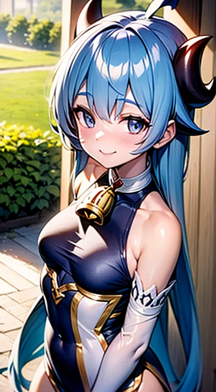 medium breasts, outside, smiling, daylight, horns, blue hair, detached sleeves, bell