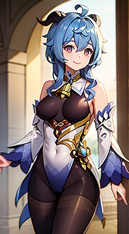 medium breasts, outside, smiling, daylight, horns, blue hair, detached sleeves, bell