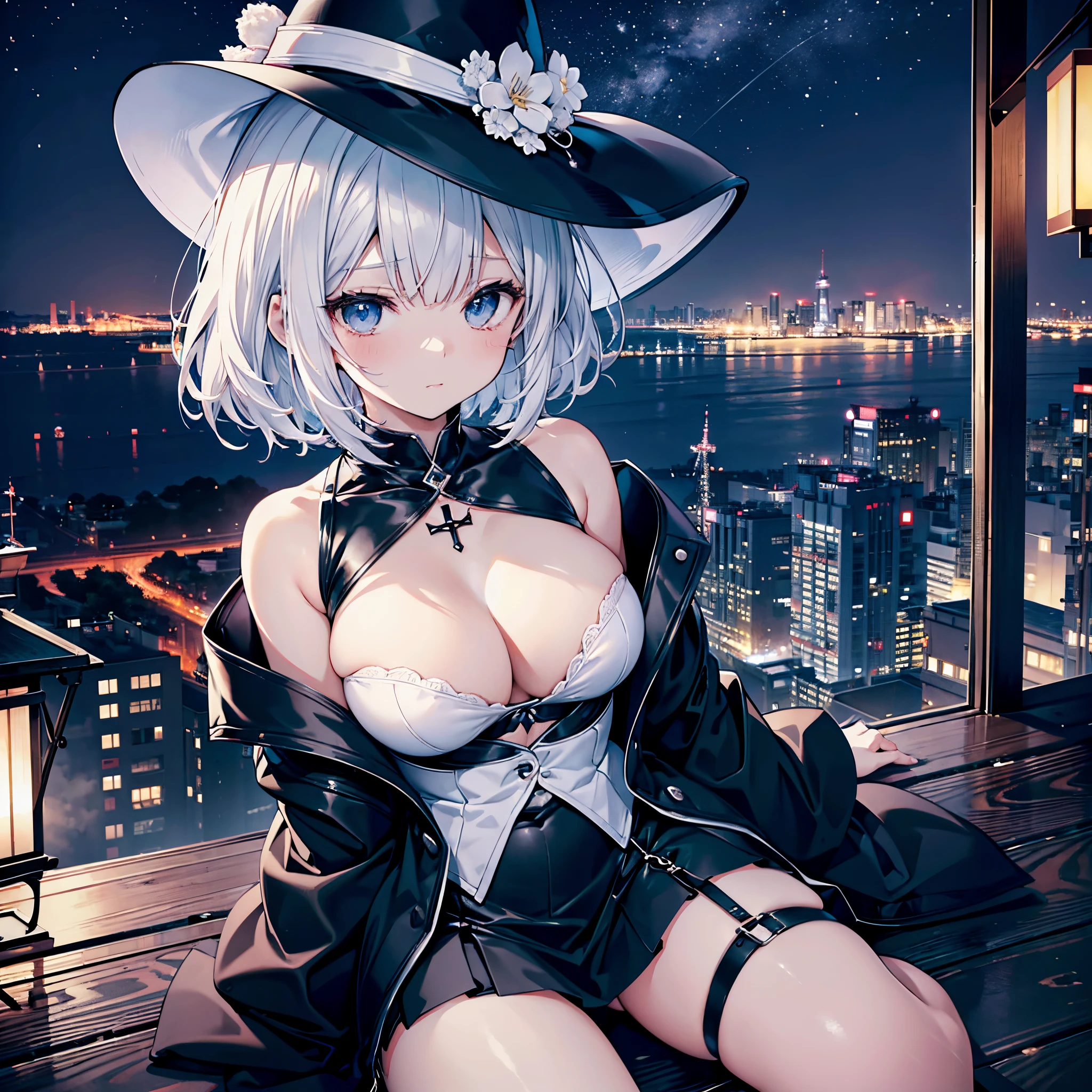 An adult woman lingering on the roof of a building overlooking the night view of Tokyo and the sea.、She has white lob hair with a short bob and wears a large black witch hat with sapphire accessories.、her appearance is stylish、she is wearing a black coat、I&#39;m wearing a white innerwear over a black bra、Black long skirt、Black sneakers with white shoelaces、R18 Illustration、Eromanga、erotic illustration、Two-dimensional illustration、Japan Anime、drawn by Japanese ilastrator、high-level image quality、4K picture quality、High Quality、hight resolution、5 million pixels、High Details、uncensored