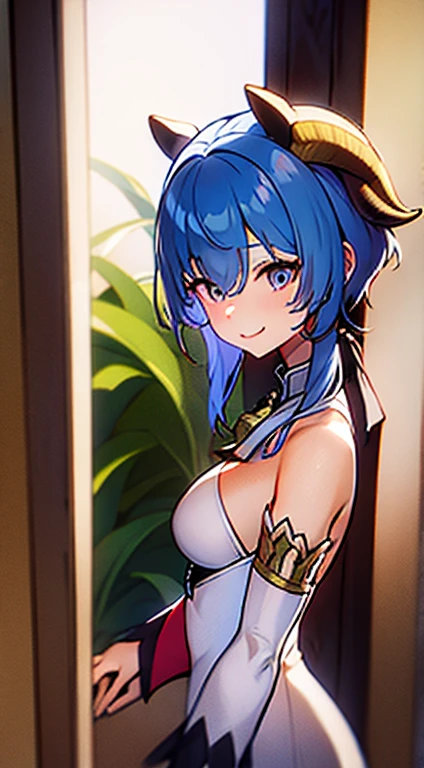 medium breasts, outside, smiling, daylight, horns, blue hair, detached sleeves, bell