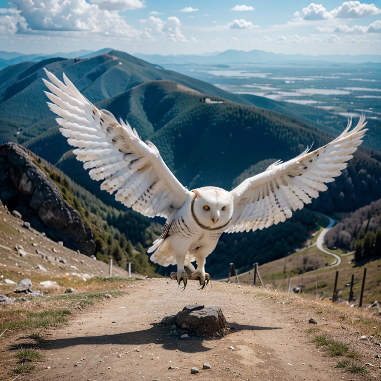 Make a white owl flying high on a mountain