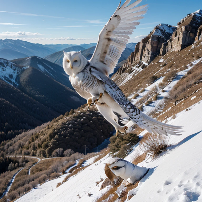 Make a white owl flying high on a mountain