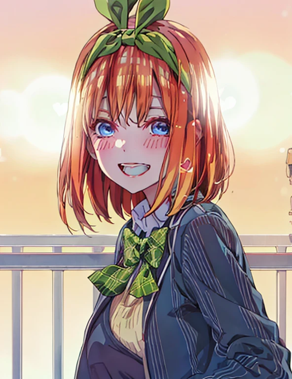 (masutepiece), A sexy、Natural light, Photorealistic, Cameltoe, diffuse glow, depth of fields, big eye、profetional lighting、headband is green、Blue eyes、A smile、Hair is orange、hairstyle is short bob、Black Blazer、White shirt、yellow vest sweater、Sunset background、Both hands are in the shape of a heart、