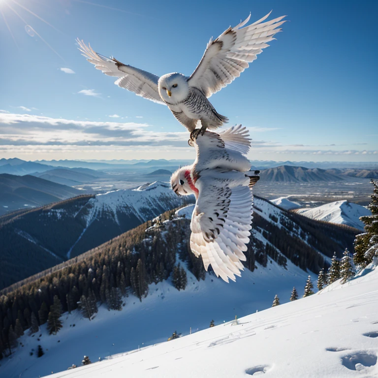 Make a white owl flying high on a mountain