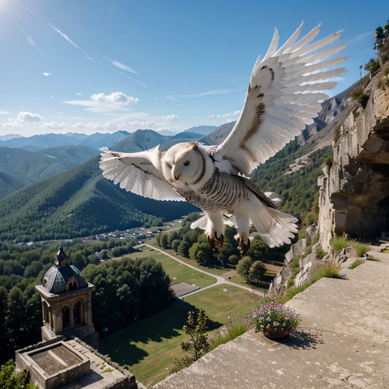 Make a white owl flying high on a mountain