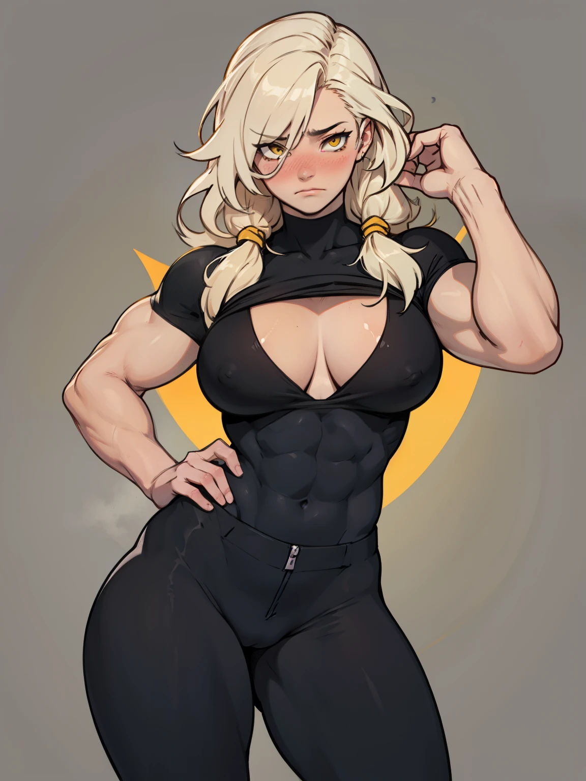 girl muscles large breasts pale skin black long hair yellow eyes tight shirt sad blushing solo