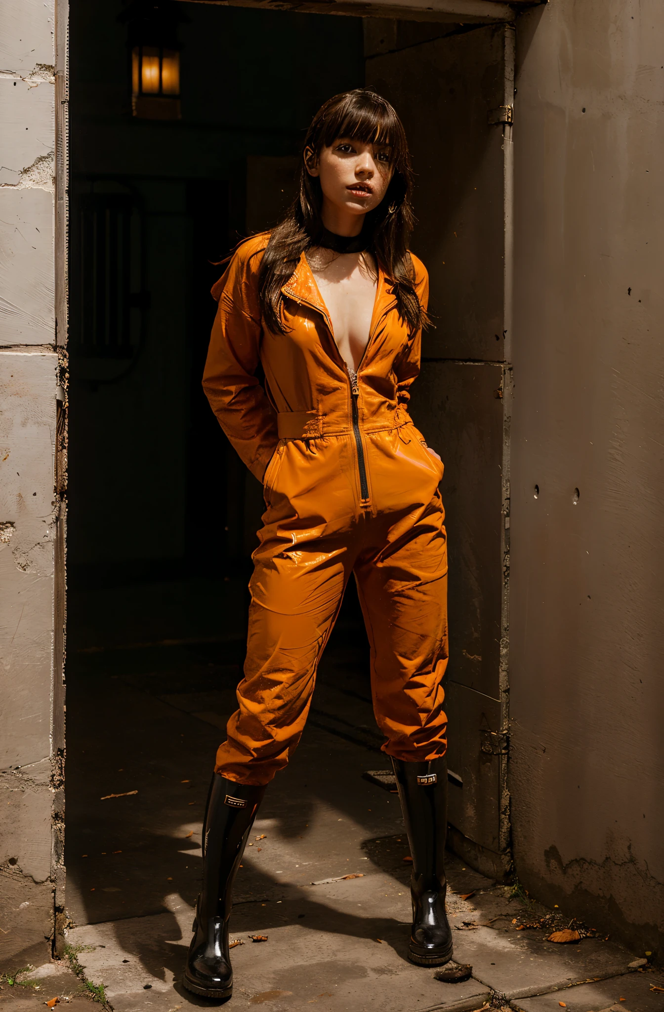 unzip her jumpsuit all the way donw to her crotch
