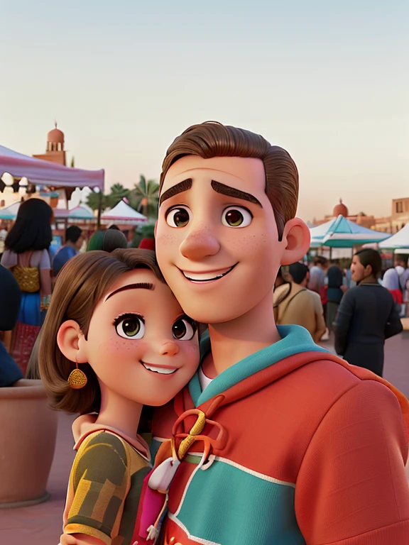 young spanish couple, chico rapado, chico sin pelo, chica sonriendo, chica rubia con pelo recogido, sonrisa, amor, Marruecos de fondo, Moroccan stalls, plaza Jemaa el Fna, Marrakech, moroccan atmosphere, Marruecos, Disney pixar