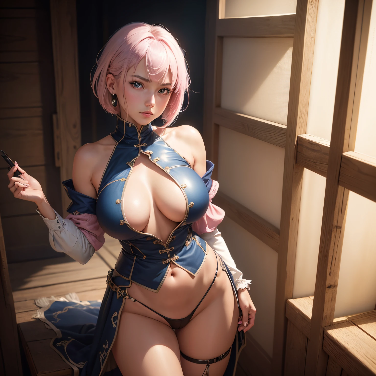 8k, masterpiece, best quality, realistic, higly detailed, cowboy shot, 1girl, solo, Ichika Nakano, young girl, very short hair with a single long strand on the right side, white-pink hair, a single earring, dark blue eyes, average height, well-endowed figure, large breasts, cute, Paladin