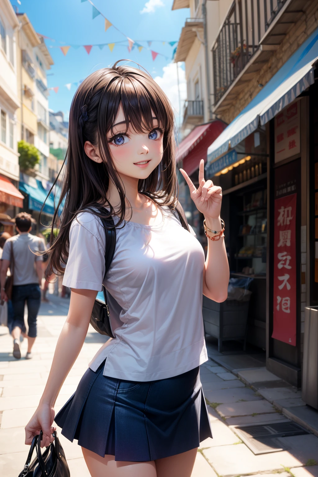 a women, blush, ecstasy face, straddling to hit her cute panties on the flat bar, open legs, raise leg, open mouth, (masturbation), downtown, street where many people pass, (anime background), sky,