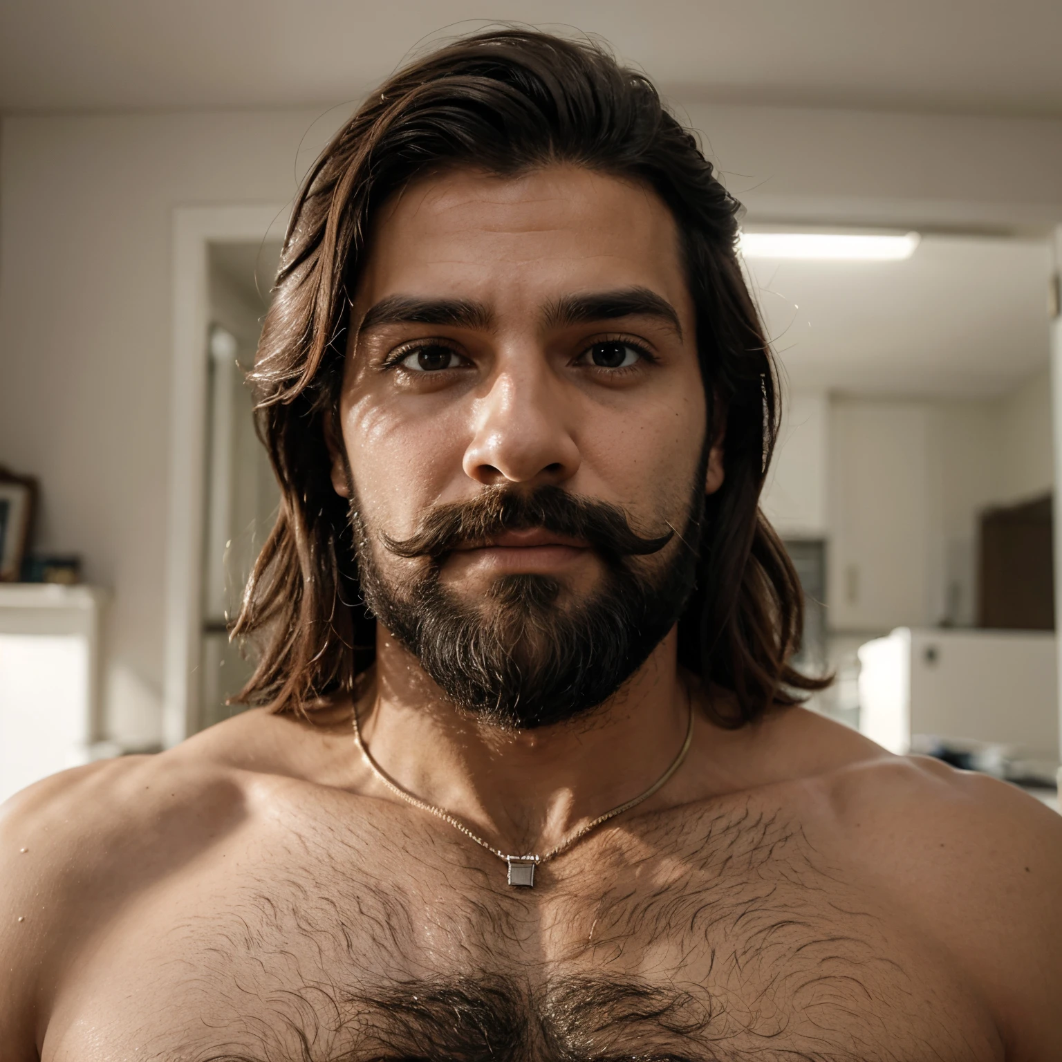 Young Iranian man with muscular hairy body, very hairy, bearded man in front of the mirror naked naked from the belly down, nakeness, showing hairy groin, pubic-hair, only hip showing.