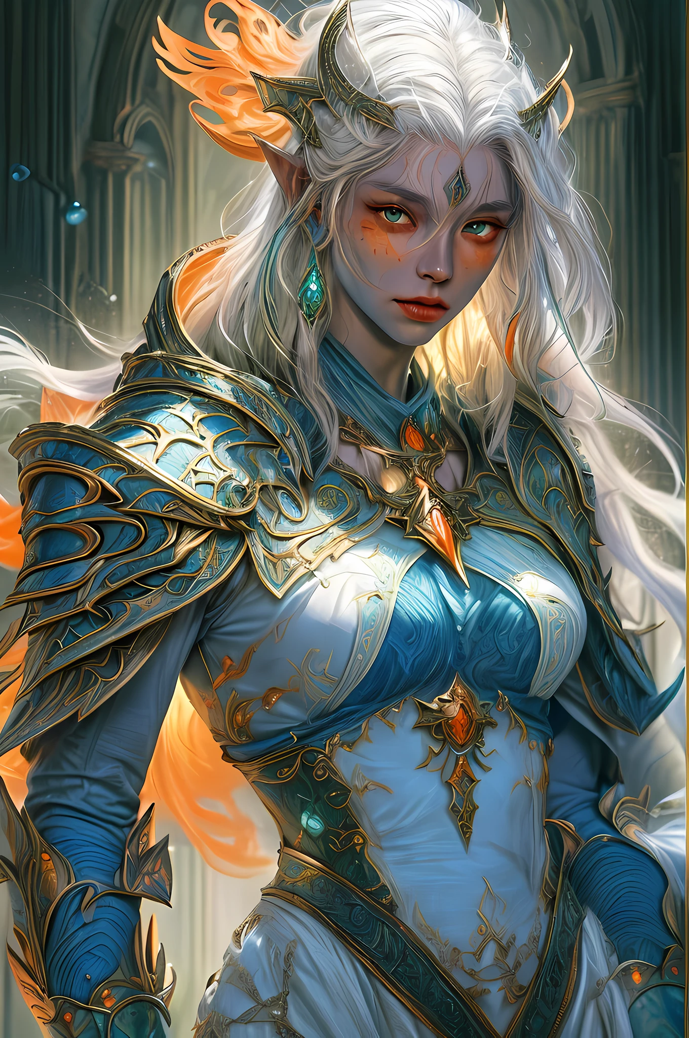 fantasy art, dnd art, RPG art, drkfntasy wide shot, (masterpiece:1.3), full body intense details, highly detailed, photorealistic, best quality, highres, portrait a vedalken female (fantasy art, Masterpiece, best quality: 1.3) (blue colored skin: 1.4), intense details facial detail fantasy art, Masterpiece, best quality)cleric, (blue colored skin: 1.4) 1person blue_skin, (white hair: 1.3), long hair, intense green eye, fantasy art, Masterpiece, best quality) armed a fiery sword red fire, wearing heavy (white: 1.3) half plate mail armor LnF wearing high heeled laced boots, wearing an(orange :1.3) cloak, wearing glowing holy symbol GlowingRunes_yellow,  within fantasy temple background and sun and clouds, reflection light, high details, best quality, 16k, [ultra detailed], masterpiece, best quality, (extremely detailed), dynamic angle, ultra wide shot, photorealistic, RAW, fantasy art, dnd art, fantasy art, realistic art