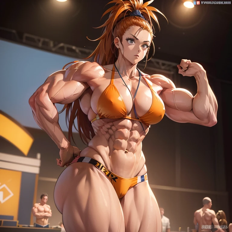 Anime, High quality full body image of Captain Mizuki (one push ms Bodybuilderin im engen Bikini, tanga, ohne Schuhe, feet, bare feet, massive muscular body, huge muscular shoulders, Massive big biceps, Venen im Bizeps, Muskelbeine, massive muscular abs, bizeps flex. posierend, Sie schwitzt, very muscular, The toned body shines in the spotlight, she is standing on a stage, a lot of muscular
