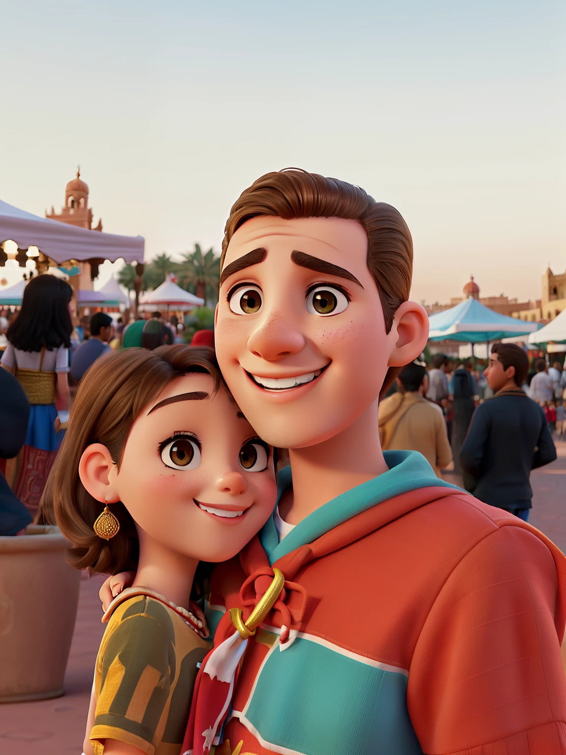 young spanish couple, chico rapado, chico sin pelo, chica sonriendo, chica rubia con pelo recogido, sonrisa, amor, Marruecos de fondo, Moroccan stalls, plaza Jemaa el Fna, Marrakech, moroccan atmosphere, Marruecos, Disney pixar