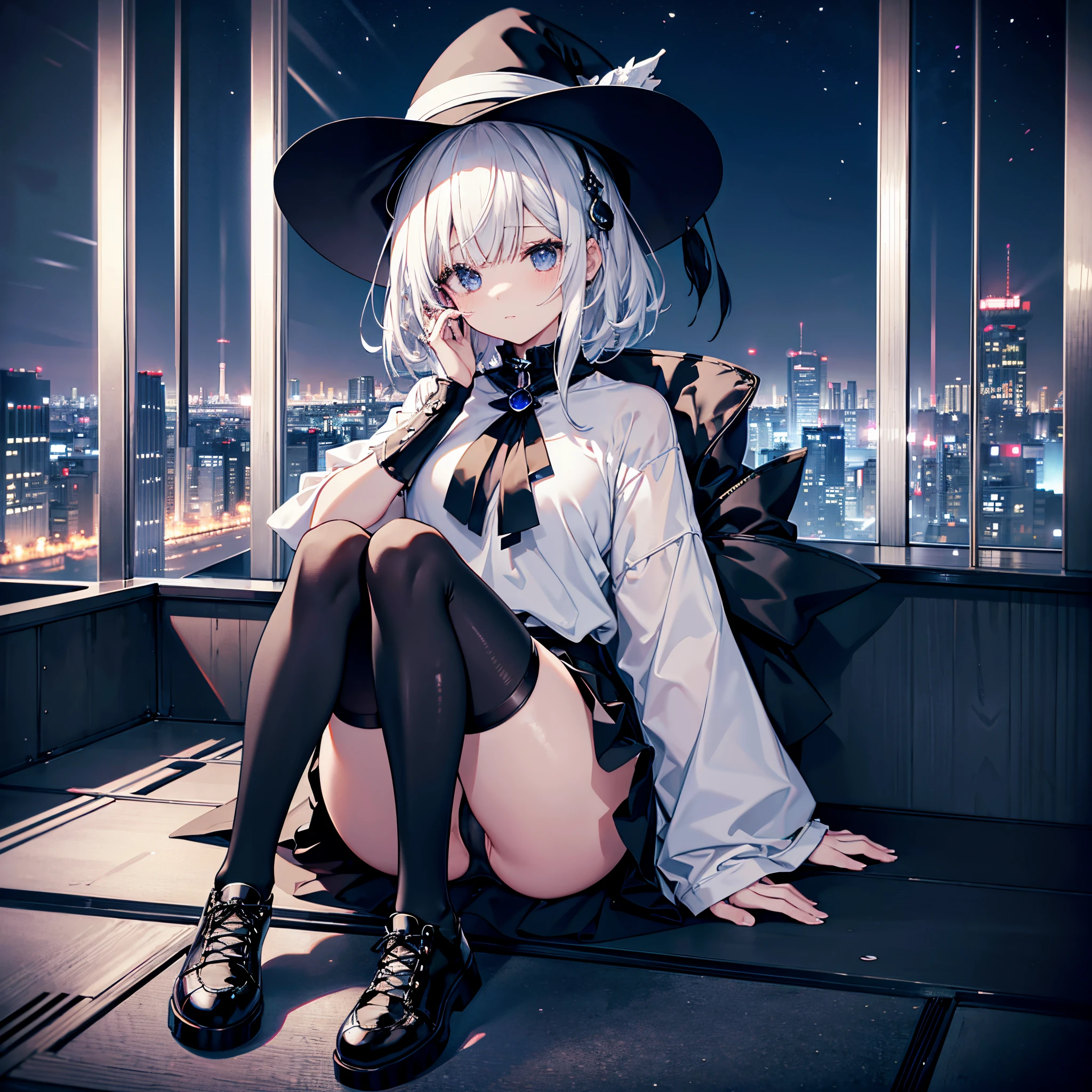 An adult woman lingering on the roof of a building overlooking the night view of Tokyo and the sea.、She has white lob hair with a short bob and wears a large black witch hat with sapphire accessories.、her appearance is stylish、she is wearing a long black coat、I&#39;m wearing a white T-shirt、Black long skirt、Black sneakers with white shoelaces、Black tights、Black Short Leggings、R18 Illustration、Eromanga、erotic illustration、Two-dimensional illustration、Japan Anime、drawn by Japanese ilastrator、high-level image quality、4K picture quality、High Quality、hight resolution、5 million pixels、High Details、uncensored
