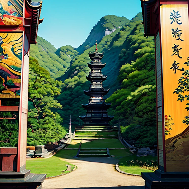 An idyllic Chinese mural, Estilo laranja claro e cinza claro, Paisagem em camadas, Japanese style art, murais monumentais, Ricoh FF-9D, Golden Age Aesthetics, exotic landscape