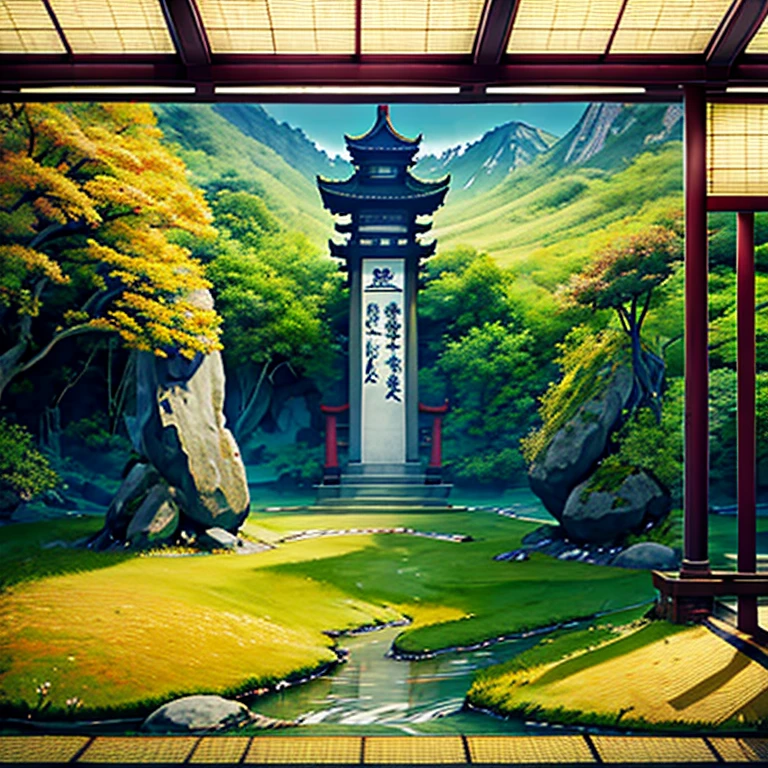 An idyllic Chinese mural, Estilo laranja claro e cinza claro, Paisagem em camadas, Japanese style art, murais monumentais, Ricoh FF-9D, Golden Age Aesthetics, exotic landscape