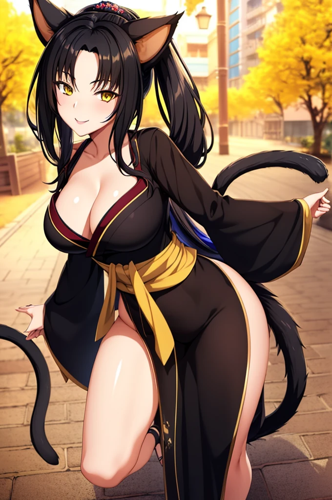 best quality, masterpiece, 1girl, raytracing, ultra detailed,detailed face, 8k wallpaper, (wide hips:1.2), Kuroka_NDV, 1girl, black hair, large breasts, long hair, cat ears, multiple tails, yellow eyes, japenese clothes, cleavage, kimono, makeup, outdoor, smile,