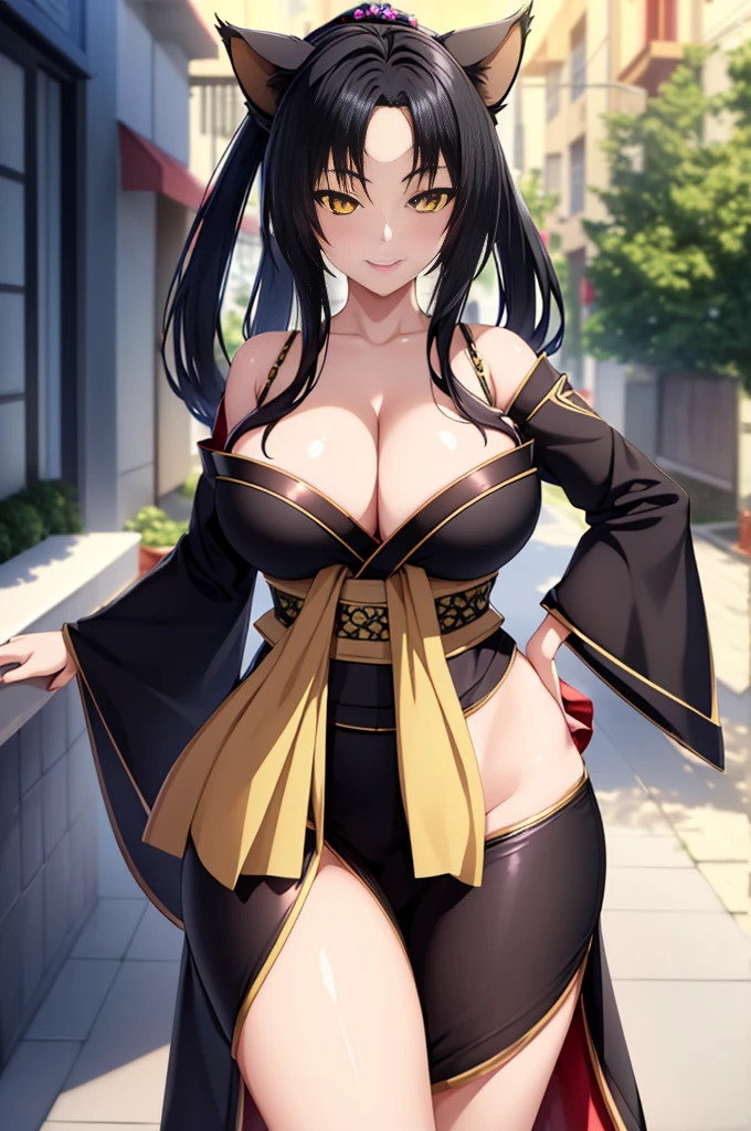 best quality, masterpiece, 1girl, raytracing, ultra detailed,detailed face, 8k wallpaper, (wide hips:1.2), Kuroka_NDV, 1girl, black hair, large breasts, long hair, cat ears, multiple tails, yellow eyes, japenese clothes, cleavage, kimono, makeup, outdoor, smile,